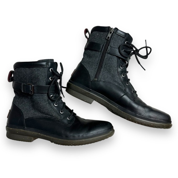 UGG black leather and felt lace-up winter boots sz 10 - Picture 1 of 8